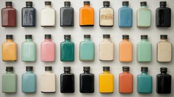 Array of colorful glass bottles arranged in a grid on a neutral background photo