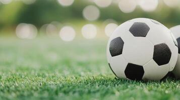 Soccer balls resting on green grass in a bright outdoor field photo