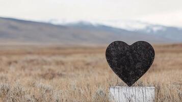 Heart-shaped stone on grassy hillside under a cloudy sky in a serene landscape photo