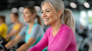 Women cycling indoors during a fitness class at a gym in the morning photo