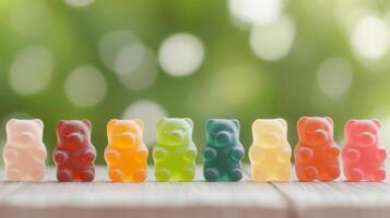 Colorful gummy bears lined up on a wooden surface in soft natural light photo