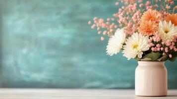 Colorful bouquet of daisies held by a person in a classroom with a blackboard in the background photo