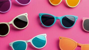 Colorful sunglasses displayed on a vibrant pink background for summer fashion photo