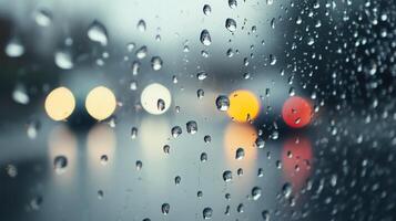 Raindrops on a window with blurred headlights in a rainy urban setting at dusk photo