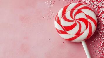 Red and white swirled lollipop against a pink background photo