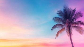 Beautiful sunset over the ocean with a single palm tree on the sandy beach photo