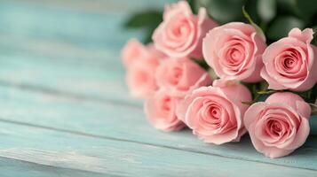 Soft pink roses arranged on a turquoise wooden surface with scattered petals photo