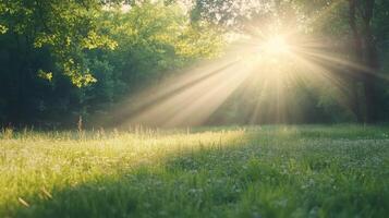 Sunlight filtering through forest trees at dawn with vibrant green grass below photo