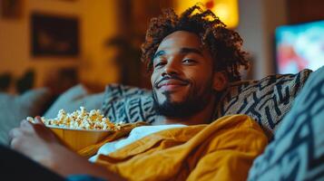 Young man enjoying popcorn while relaxing on a couch in a cozy living room at night photo