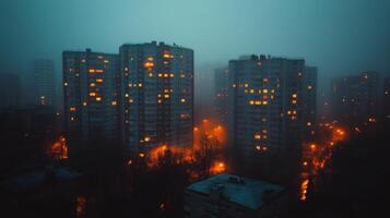 Colorful apartment buildings illuminated at night under a starry sky photo