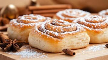 Freshly baked cinnamon rolls on a wooden board with a sprinkle of powdered sugar photo