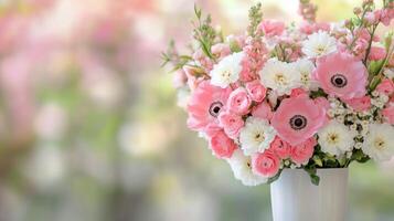 Beautiful floral arrangement in a soft pink palette at a sunny outdoor event photo