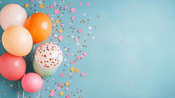 Colorful balloons and confetti scattered on a blue background for a festive celebration photo