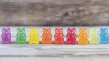 Colorful gummy bears lined up on a wooden surface in soft natural light photo