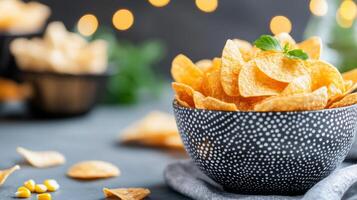 Bowl of cornflakes with scattered pieces on a dark wooden table photo