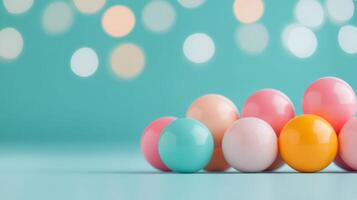 Colorful arrangement of spheres on a blue surface in a studio setting photo