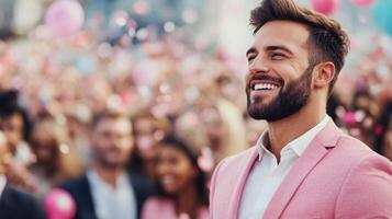 Speaker in pink blazer presents to engaged audience at indoor event photo