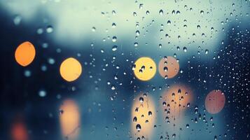 Raindrops on a window with blurred headlights in a rainy urban setting at dusk photo