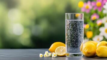 Sparkling water with fresh lemons and vibrant flowers on a sunny day photo