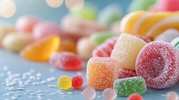 Colorful assortment of sugary candies on a dark surface with small bowls in the background photo
