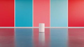 Modern art installation with cylindrical sculpture in vibrant gallery setting photo