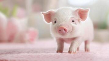 Adorable piglet exploring a cozy indoor space filled with soft light photo