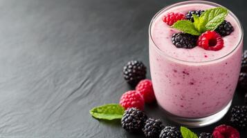 Berry smoothie with mint leaves served on a slate plate photo
