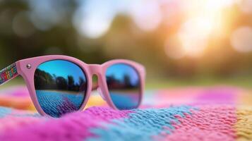 Stylish sunglasses resting on a colorful woven blanket in soft sunlight photo