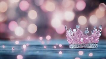 Sparkling pink crown adorned with hearts on a wooden surface with a bokeh background photo