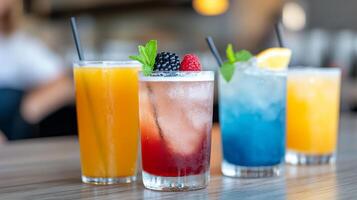 Colorful cocktails on a wooden table at a lively bar during a sunny afternoon photo