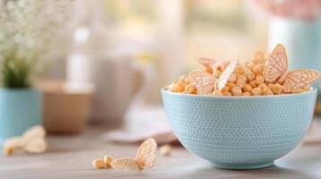Bowl of cornflakes with scattered pieces on a dark wooden table photo