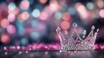 Sparkling pink crown adorned with hearts on a wooden surface with a bokeh background photo