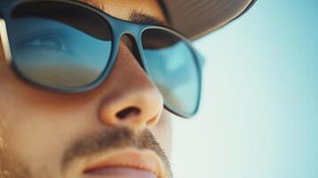 Young woman wearing stylish sunglasses at the beach on a sunny day photo
