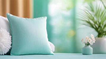 Soft cushions arranged on a turquoise wall backdrop in a bright interior setting photo