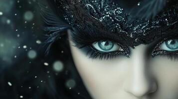 Enchanting winter makeup with intricate mask and striking blue eyes photo