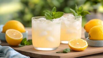 Refreshing lemon mint drinks served with fresh lemons and herbs in bright kitchen setting photo
