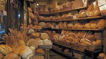 Artisan bakery interior displaying a variety of freshly baked breads on wooden shelves photo