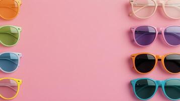 Colorful sunglasses displayed on a vibrant pink background for summer fashion photo