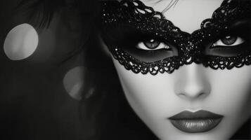 Enchanting winter makeup with intricate mask and striking blue eyes photo