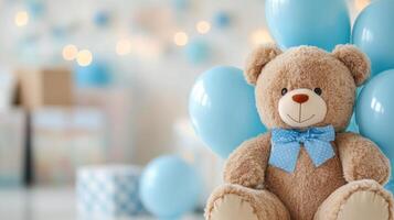 Cute teddy bear with blue balloons at a baby shower celebration photo