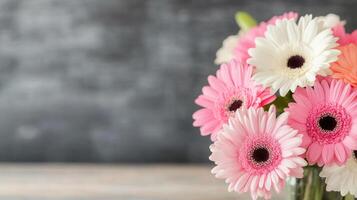 Colorful bouquet of daisies held by a person in a classroom with a blackboard in the background photo