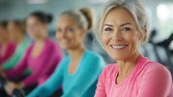 Women cycling indoors during a fitness class at a gym in the morning photo