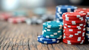 Stacks of colorful poker chips on a wooden table with blurred background lights photo