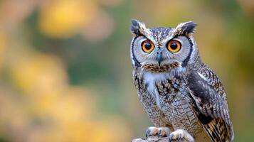 Majestic owl perched on a branch in forest during autumn afternoon photo