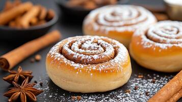 Freshly baked cinnamon rolls on a wooden board with a sprinkle of powdered sugar photo
