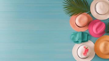 Colorful summer hats arranged on a turquoise wooden background with tropical leaves photo