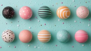 Colorful arrangement of spheres on a blue surface in a studio setting photo