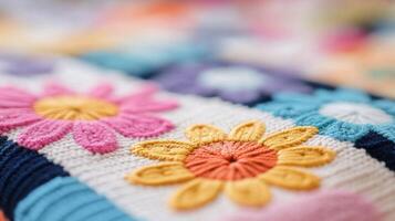 Colorful floral embroidery on fabric with intricate designs and patterns photo