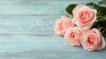 Soft pink roses arranged on a turquoise wooden surface with scattered petals photo