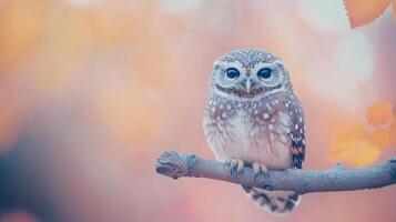 Spotted owl perched on a log in soft autumn light during the golden hour photo